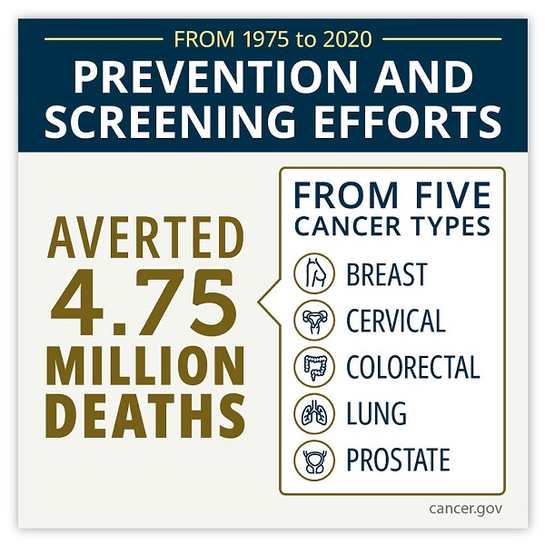 In five cancer types, prevention and screening have been major contributors to saving lives